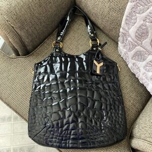 Yves Saint Laurent Vintage Tribute Black Leather Bag Side Zip Y Charm two handle